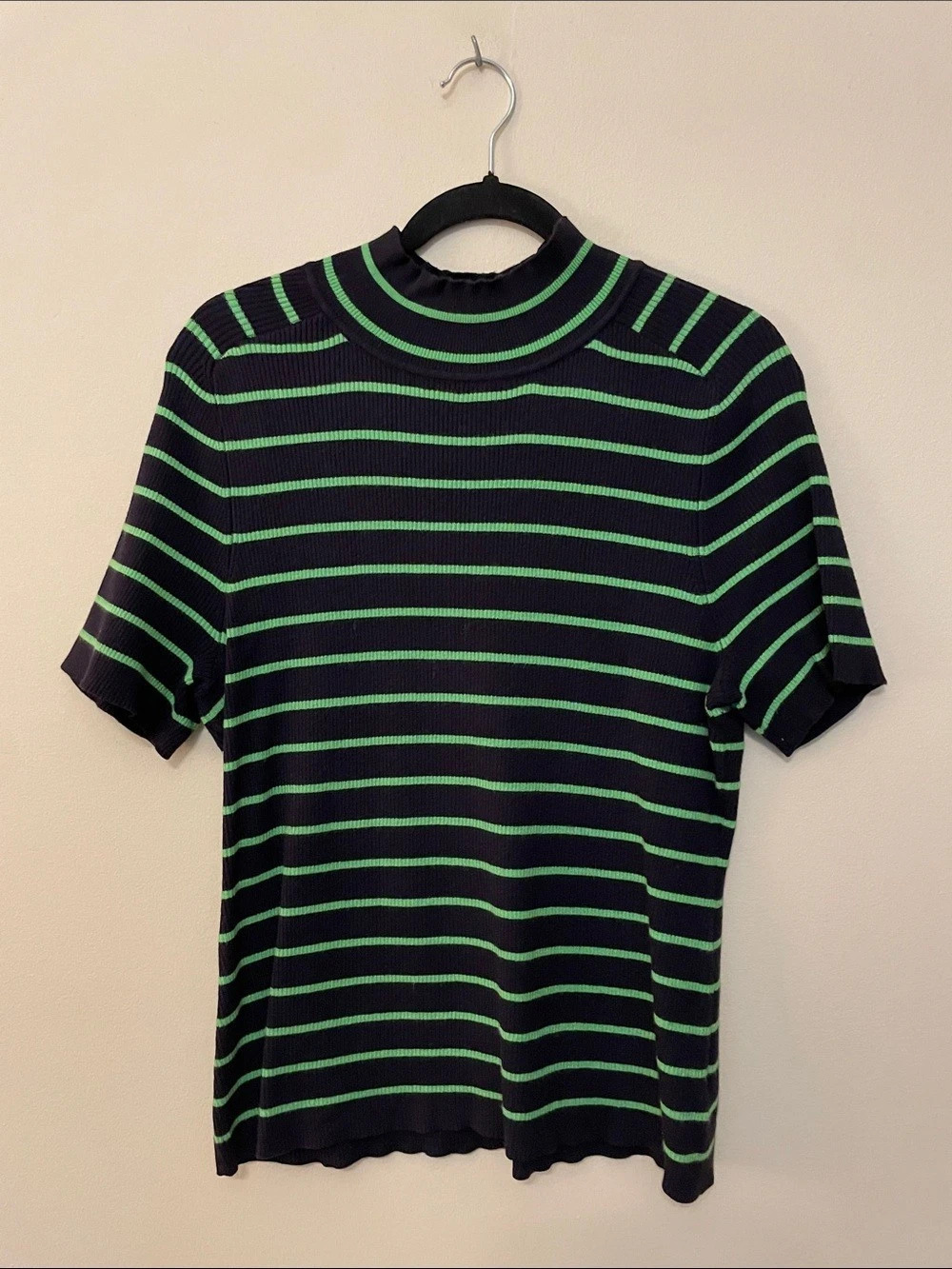 Free Assembly Striped Ribbed Mock Neck Top in Navy & Green Size 2XL Like new